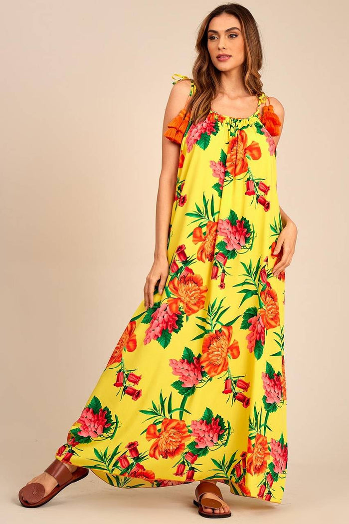 Yacamim Printed Yellow Basic Long Dress with Tie Straps