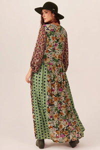 Vestido Longo Amplo Verde Patchwork Yacamim E1