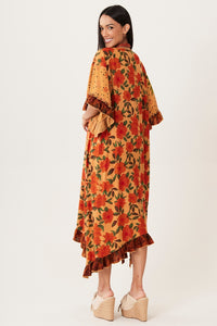 Kaftan Midi Com Mangas 3/4 Marrom Claro Patchwork Yacamim J4