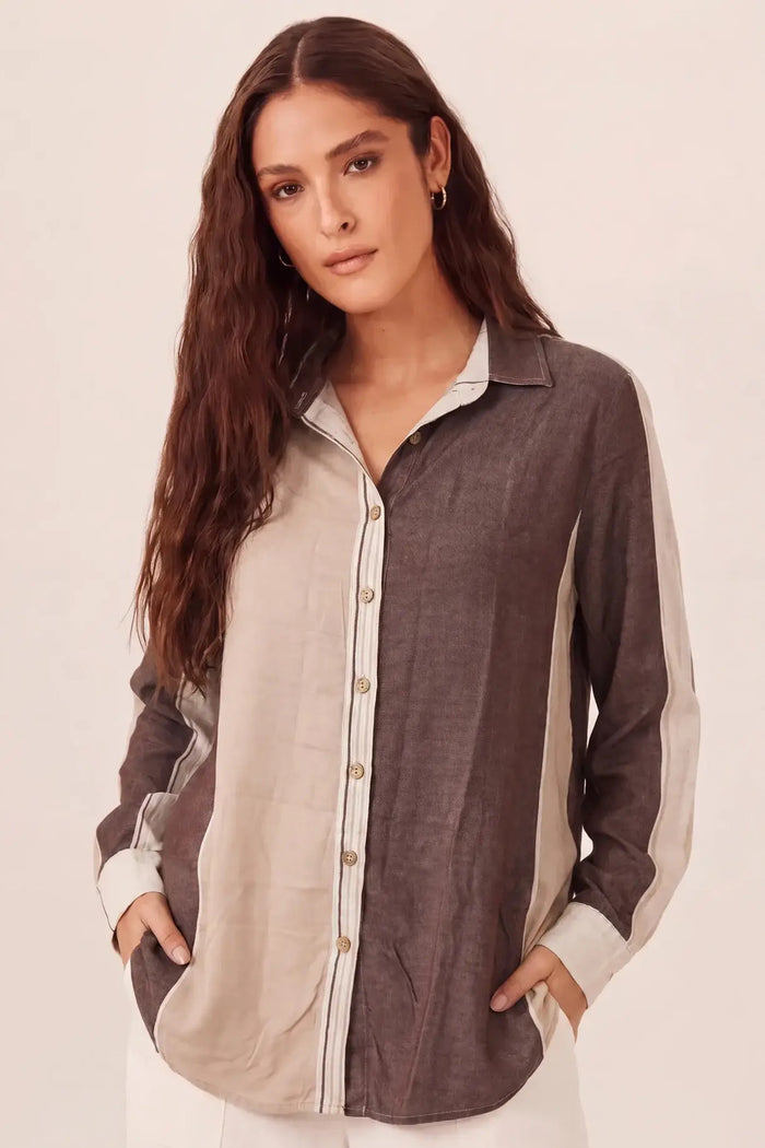 Camisa Ampla Listrada Bege E Marrom Yacamim A6