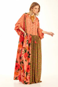 Yacamim Pink Patchwork Loose Long Dress with Puffed Sleeves