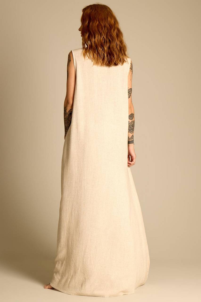 Yacamim Women's Long Linen Tank Dress Beige E2