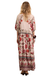 Long Printed Beige Yacamim Dress with Pom-Pom Drawstring