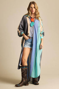Yacamim N3 Blue and Green Striped Loose Long Shirt