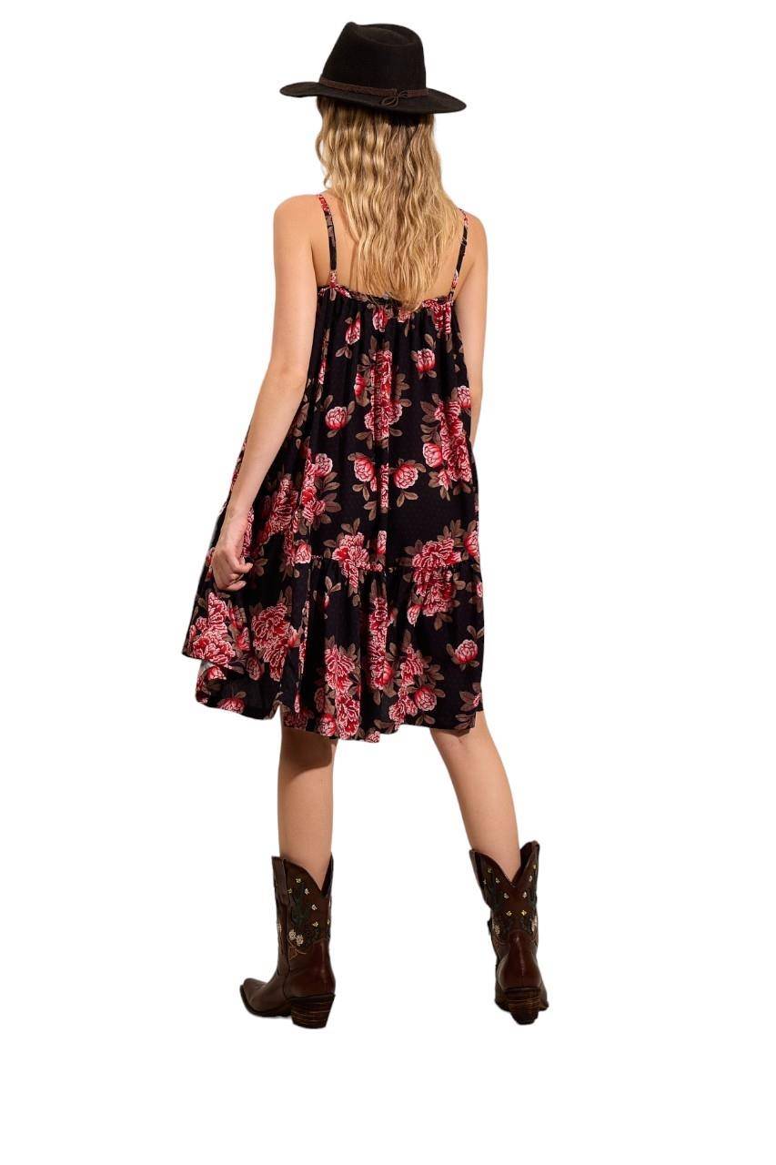 Yacamim E2 Black Printed Loose Short Dress with Straps