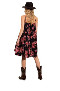 Yacamim E2 Black Printed Loose Short Dress with Straps