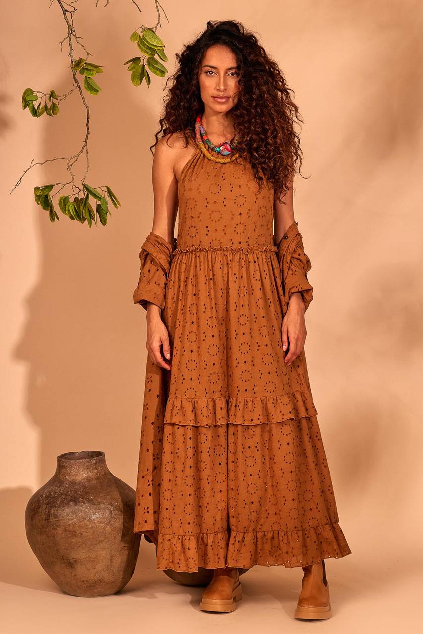 Yacamim Brown Laise Halter Neck Long Dress<br />
<p>
</p>