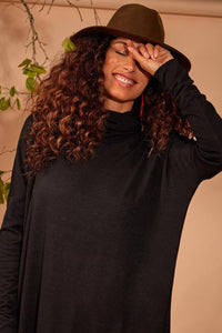 Black Yacamim Short Dress with Long Sleeves and Turtleneck