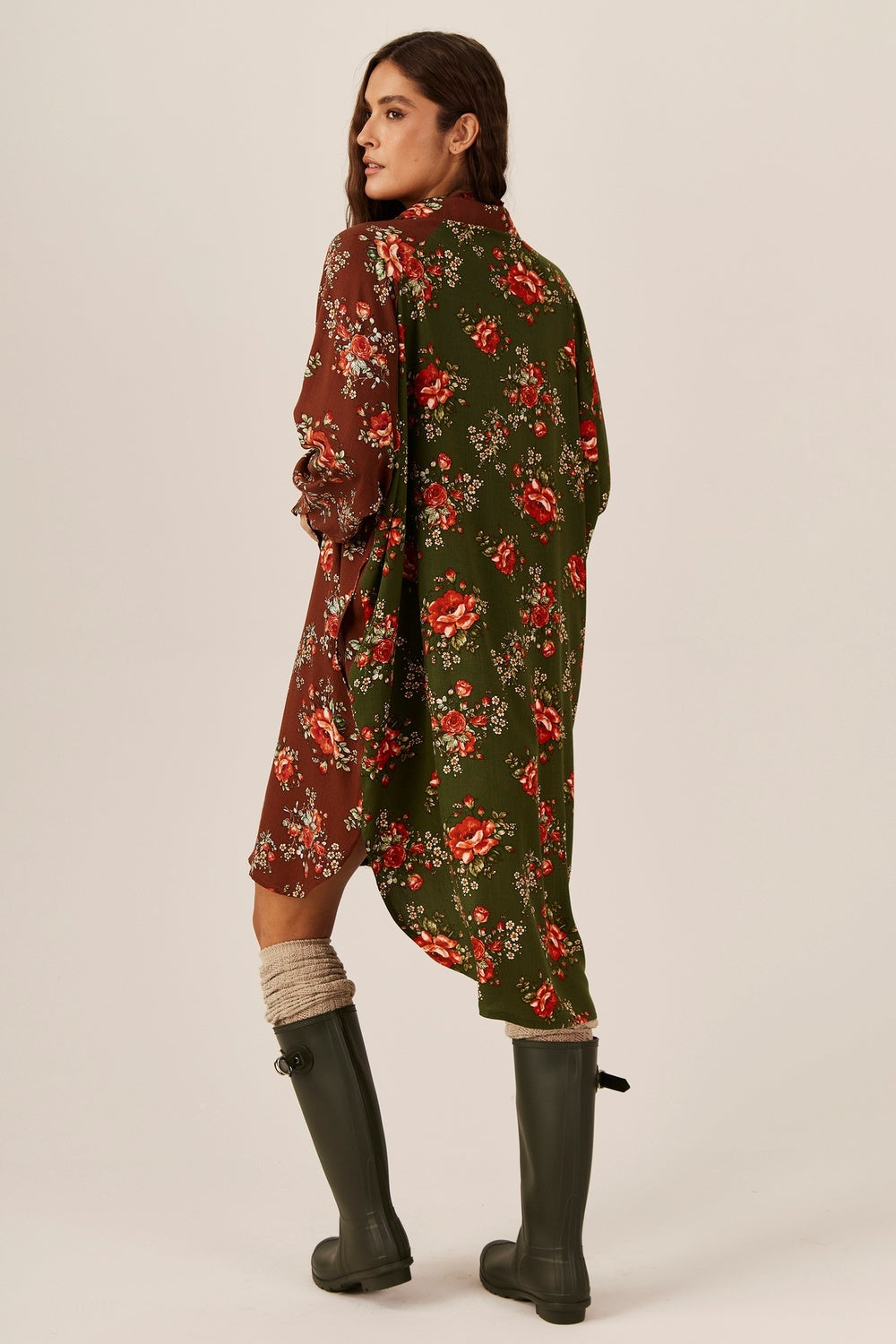 Yacamim Burgundy And Green Patchwork Wide Shirt M7