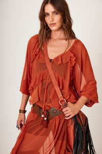 Yacamim Long Ruffled Tulle Dress Terracotta D4