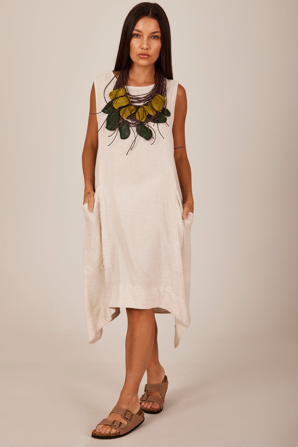 Yacamim D1 Plain Beige Linen Short Tank Dress