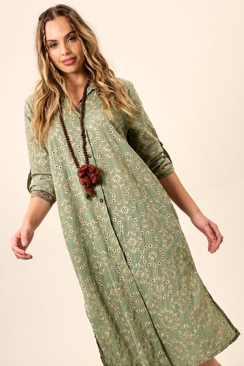 Yacamim Green Long Sleeve Embroidered Midi Shirtdress