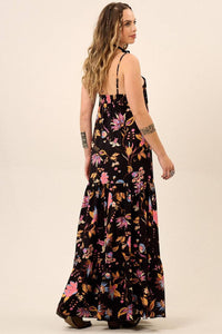 Yacamim C1 Printed Black Long Dress with Adjustable Straps