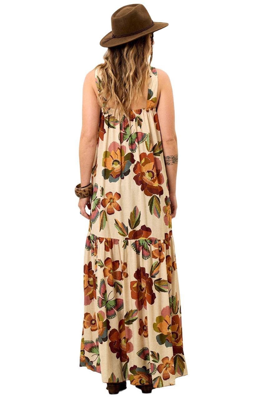 Yacamim Printed Beige V-Neck Wide-Strap Long Dress