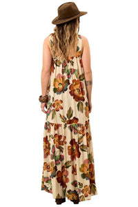 Yacamim Printed Beige V-Neck Wide-Strap Long Dress