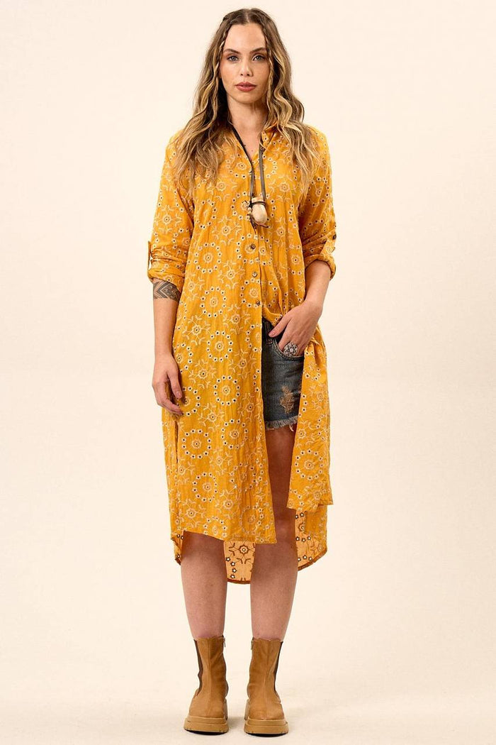 Chemise Broderie Midi Fendas Laterais Mangas 3/8 Amarelo Yacamim N9