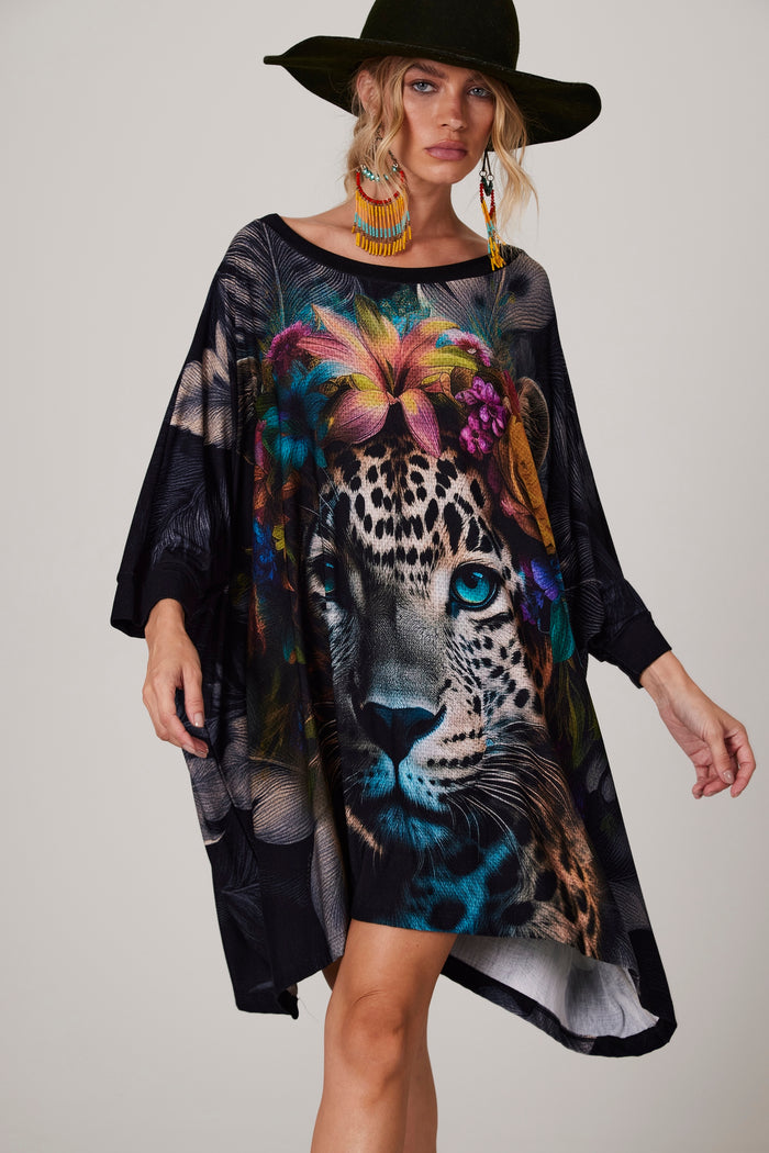 Yacamim B20 Loose Blouse with Blue Eyes Leopard Print