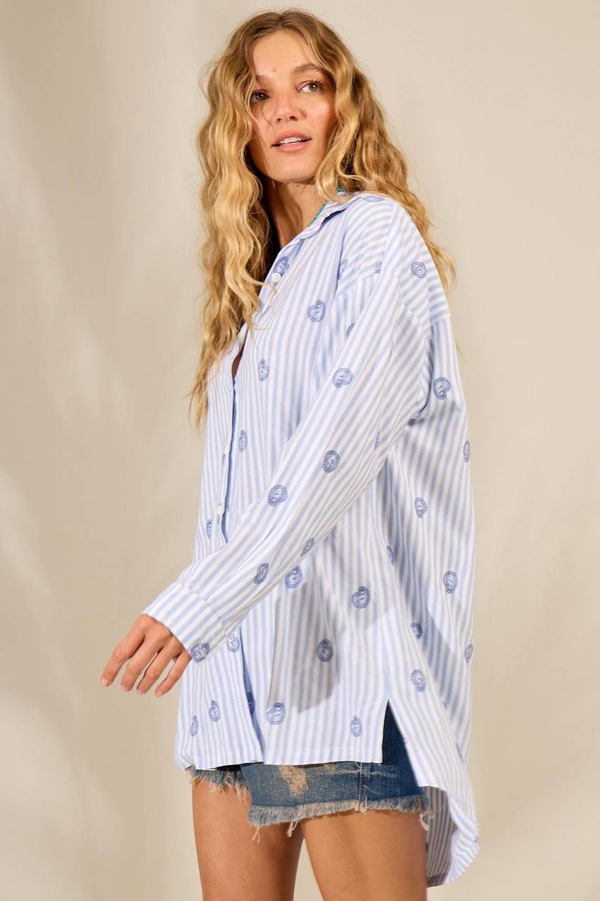 Yacamim A12 Wide Long Striped Blue Long-Sleeve Shirt