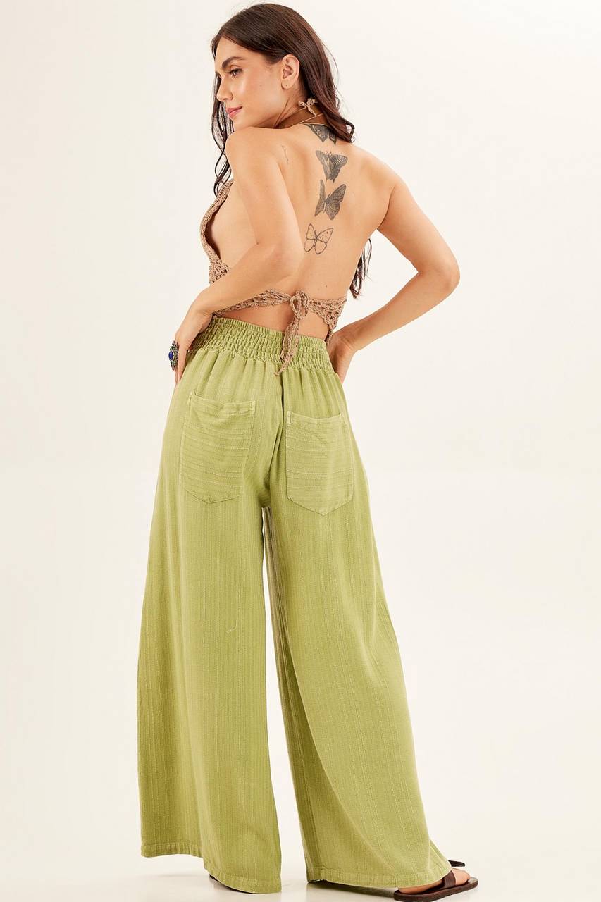 High-Waisted Palazzo Trousers with Back Pockets Apple Green Yacamim