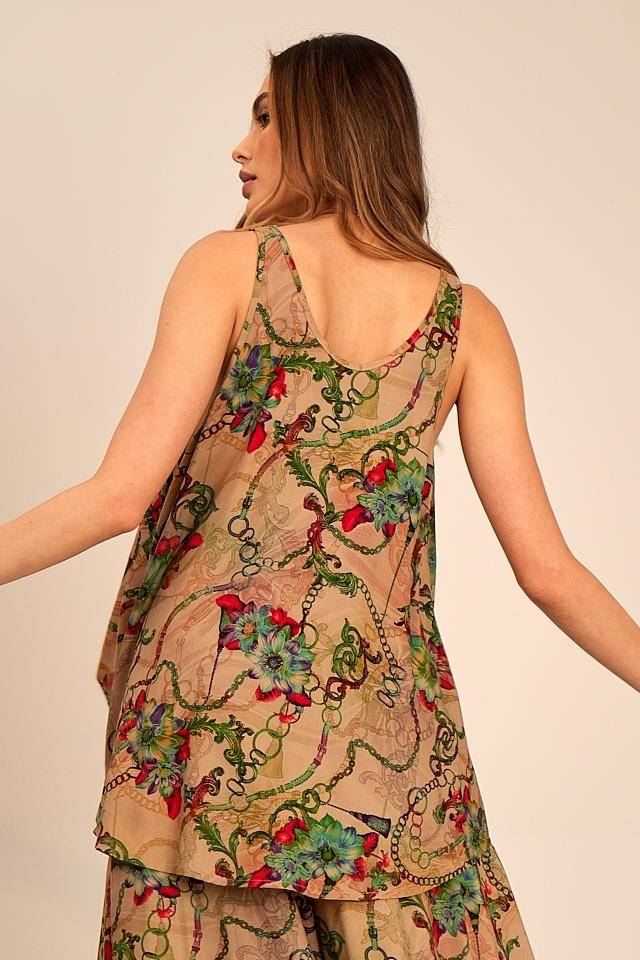Yacamim Brown Printed Loose Basic Tank Top