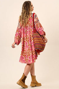 Pink Patchwork Yacamim Short Chemise Dress with Long Sleeves