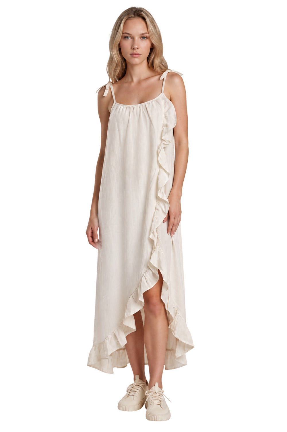Vestido Mullet Com Babados Bege Nature Yacamim D12