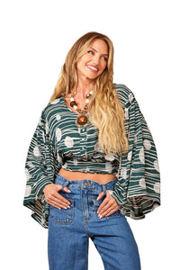 Yacamim Green Printed Cropped Smocked Blouse