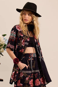 Yacamim A3 Black Printed Loose Short Sleeve Shirt