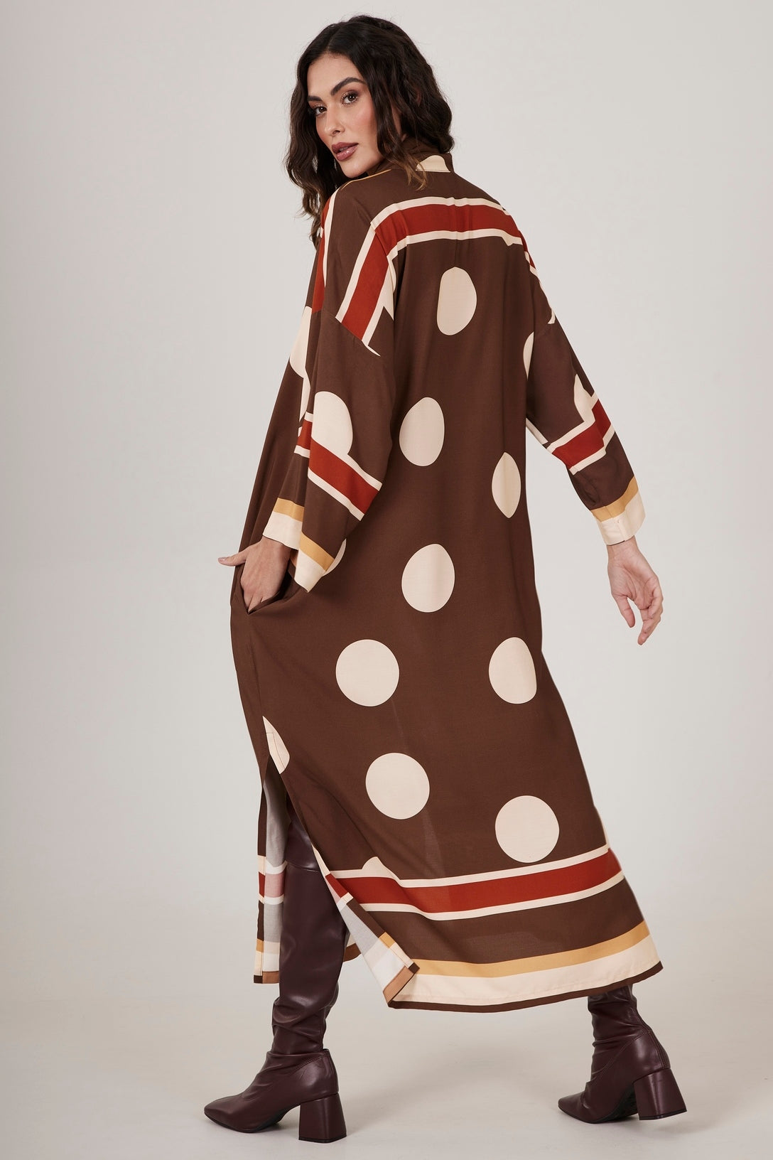 Yacamim N3 Brown Polka Dot Midi Loose Chemise