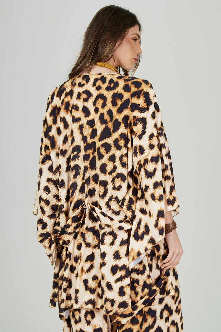 Short Kimono with Tie Waist Animal Print Yacamim I7