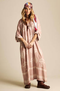 Light Brown Printed Wrap V-Neck Maxi Dress Yacamim N3