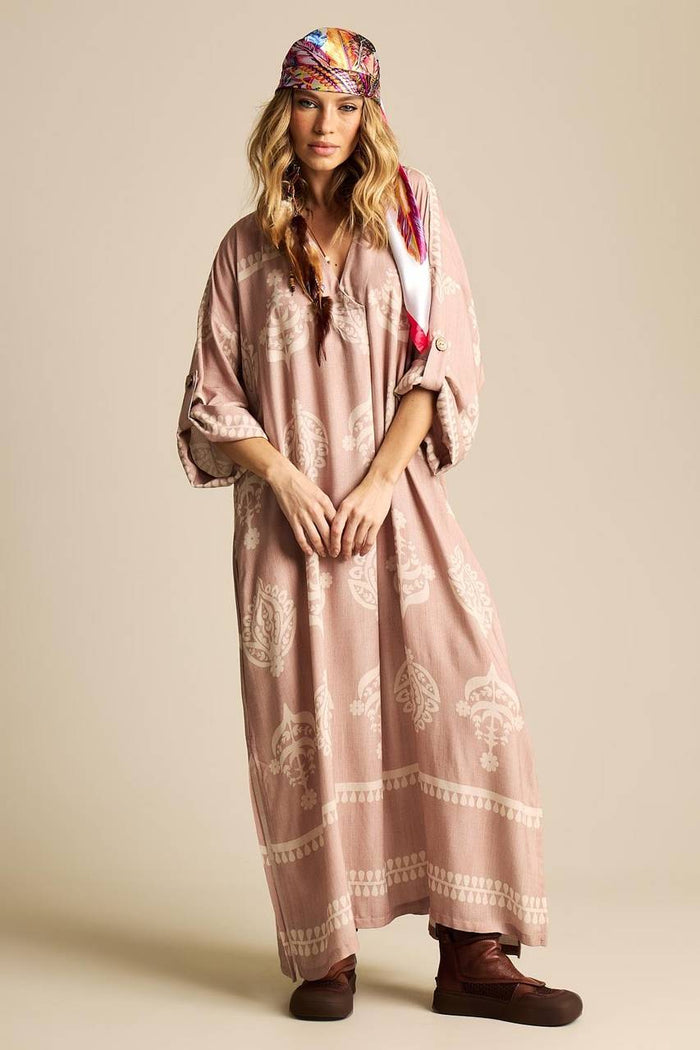 Light Brown Printed Wrap V-Neck Maxi Dress Yacamim N3