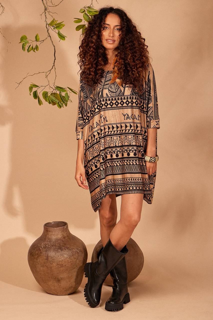 Brown Yacamim Loose Tunic with Short Sleeves and Maori Print