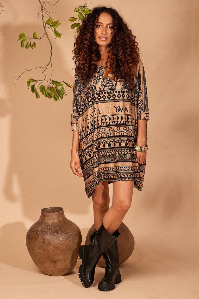 Brown Yacamim Loose Tunic with Short Sleeves and Maori Print