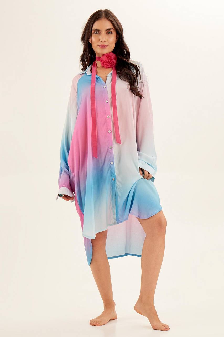 Yacamim Pink and Blue Ombré Long Sleeve Oversized Shirt M3
