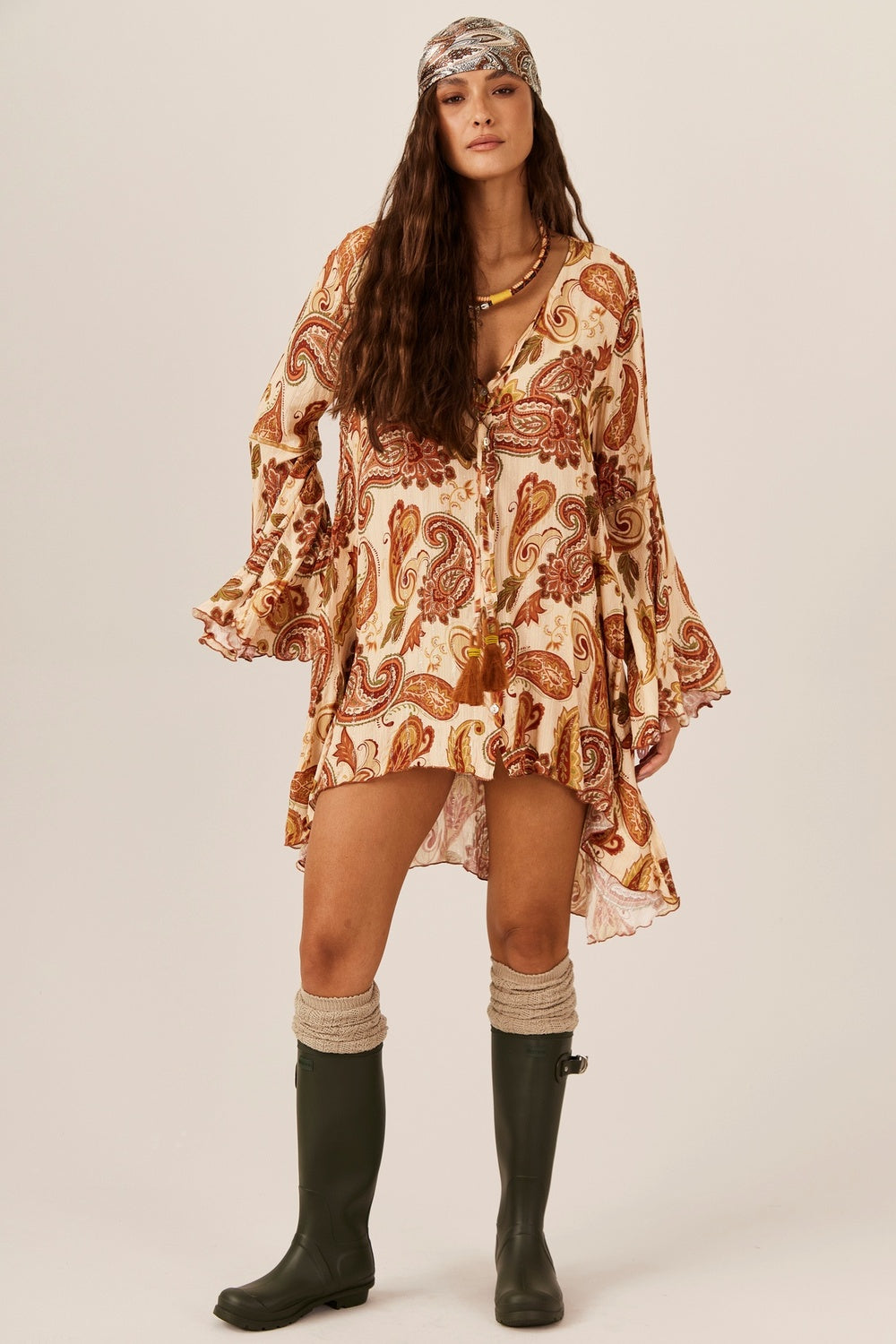 Yacamim N7 Beige Paisley Print Lurex Mullet Shirt