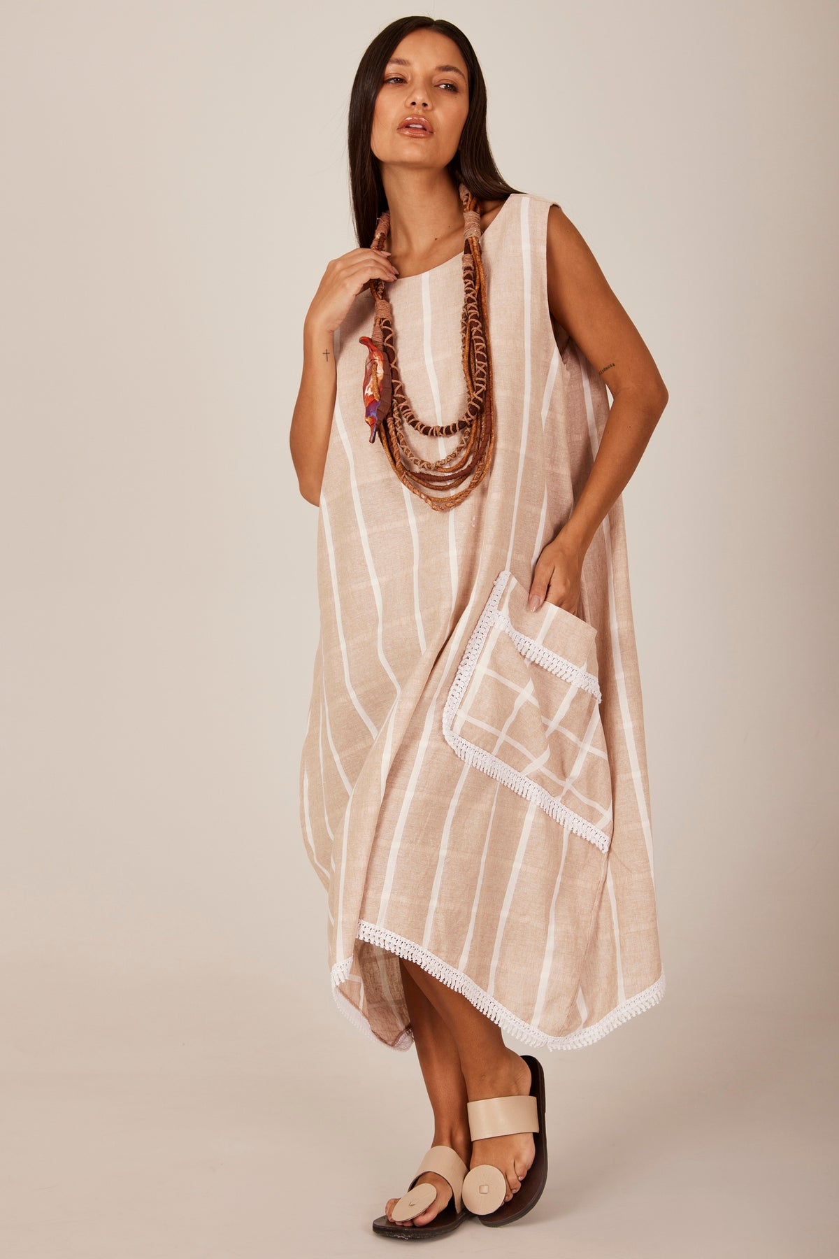 Yacamim C17 Beige Plaid Midi Tank Dress
