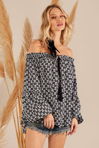 Women's Printed Black Yacamim Peasant Blouse With Puffy Long Sleeves