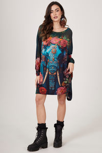 Loose Tunic with Studs Elephant Print Blue Yacamim B30