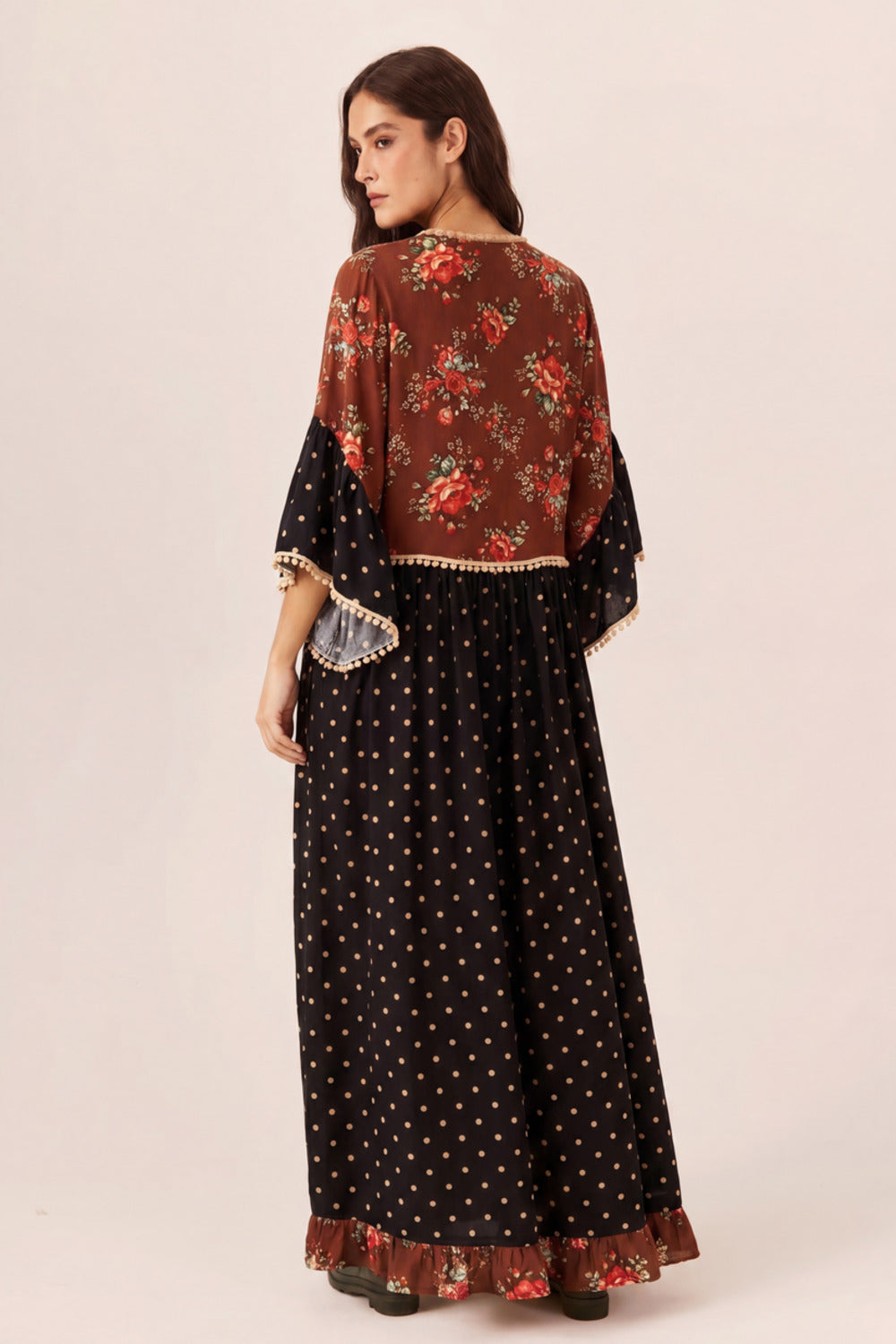 Yacamim Long Dress with Black and Brown Ruffles Patchwork E7