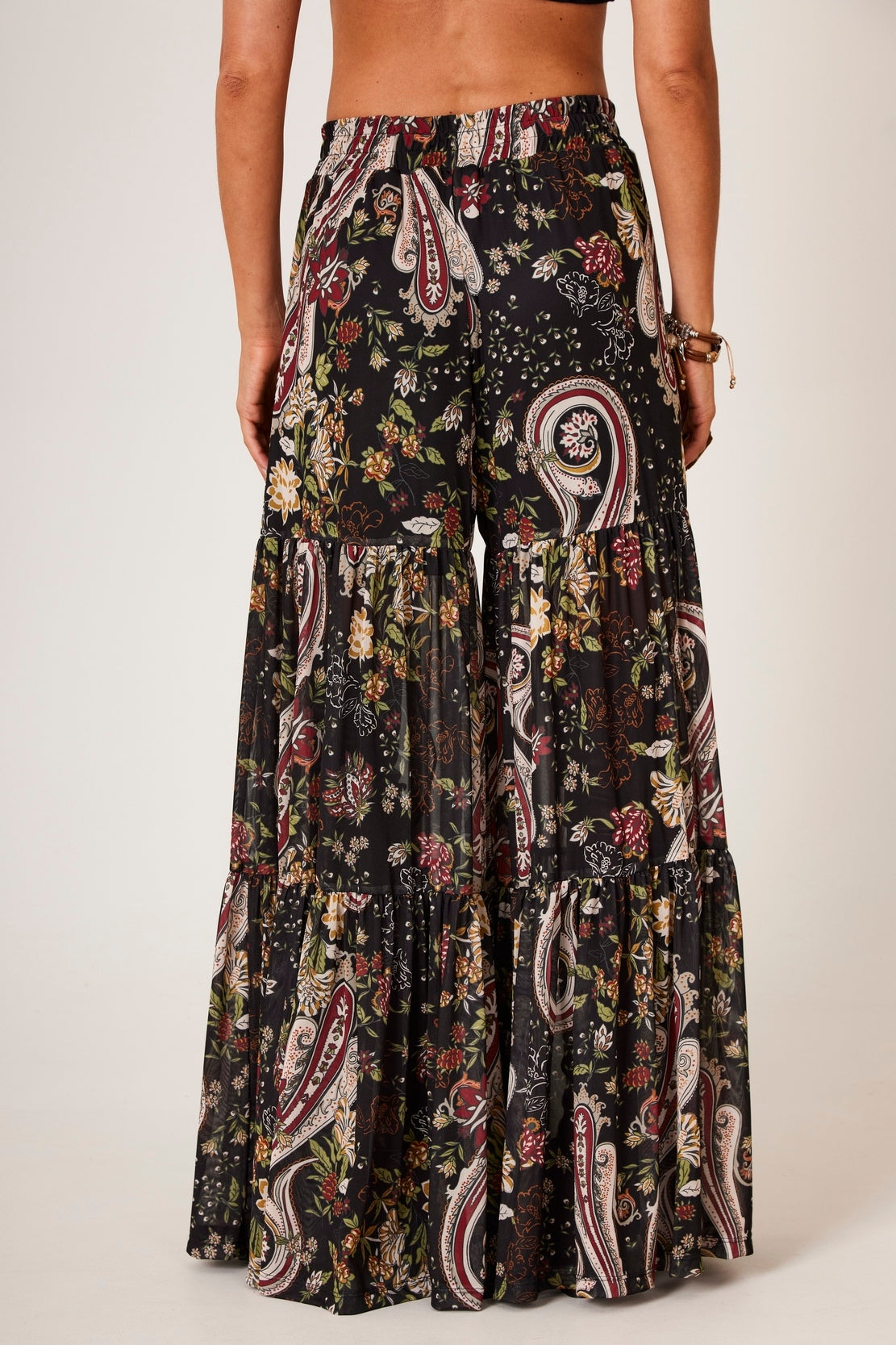 Black Tulle Palazzo Pants with Cashmere Print Yacamim A15