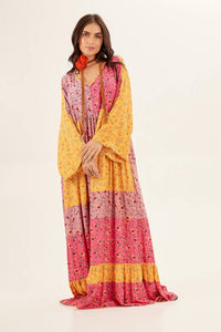 Yacamim Pink and Yellow Patchwork Flowy Long Dress with Flowy Sleeves
