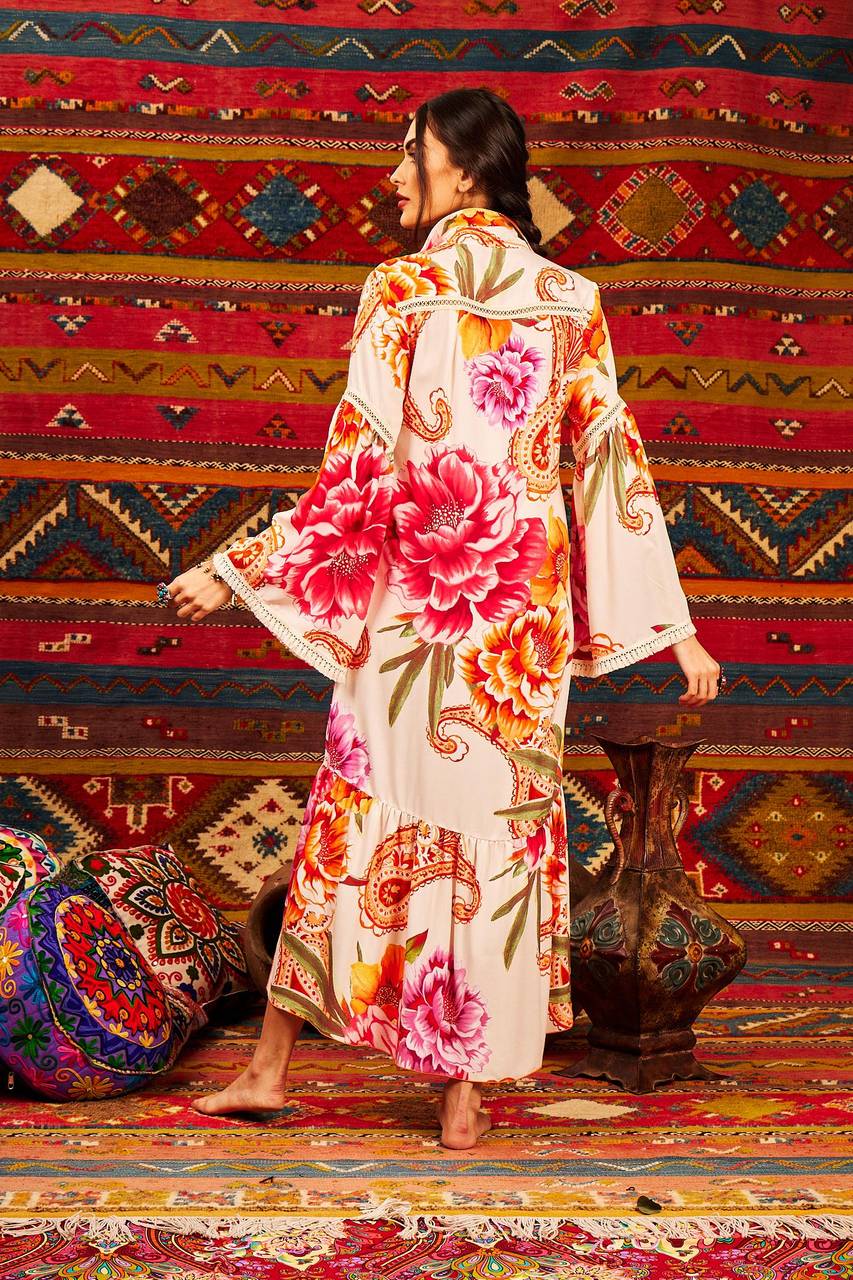 Yacamim Beige Cashmere Print Midi Shirt with Flared Long Sleeves