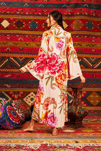 Yacamim Beige Cashmere Print Midi Shirt with Flared Long Sleeves