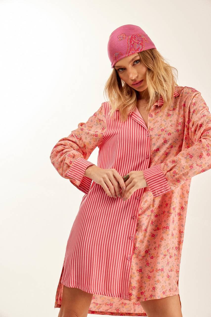 Yacamim Pink Striped Patchwork Loose Long Sleeve Shirt