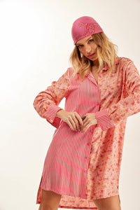 Yacamim Pink Striped Patchwork Loose Long Sleeve Shirt