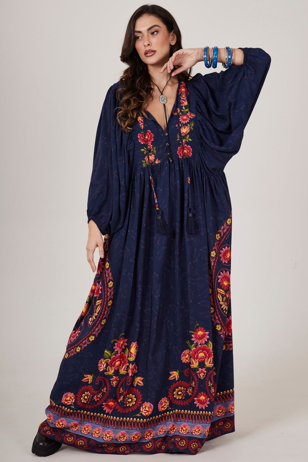 Yacamim C11 Navy Blue Cashmere Print Long Dress