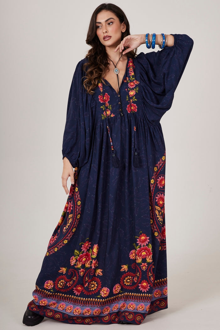 Yacamim C11 Navy Blue Cashmere Print Long Dress