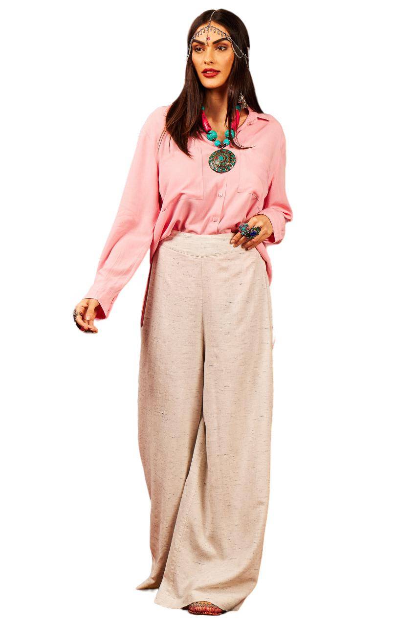 Yacamim Mélange Beige High-Waisted Palazzo Pants
