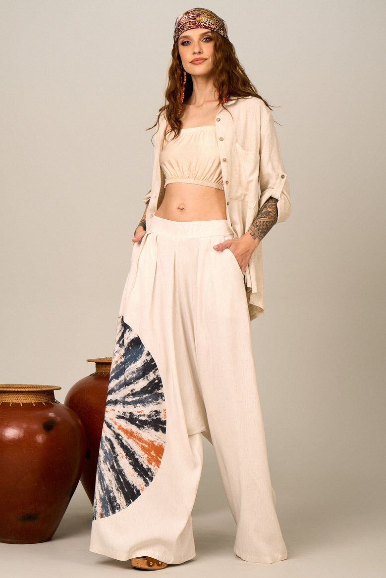 Yacamim H5 Beige Viscose Linen Sarouel Pants with Mandala Print